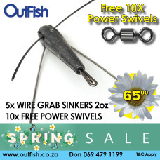 Spring Sale Wire Grab Sinkers 2oz FIVE PACK+ FREE POWER SWIVELS X10 Spring Sale Wire Grab Sinkers 2oz FIVE PACK+ FREE POWER SWIVELS X10