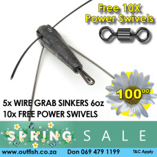 Spring Sale Wire Grab Sinkers 6oz FIVE PACK+ FREE POWER SWIVELS X10 Spring Sale Wire Grab Sinkers 6oz FIVE PACK+ FREE POWER SWIVELS X10
