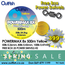 Spring Sale POWERMAX 8X 500m Yellow Free Box of 25 Power Swivels Spring Sale POWERMAX 8X 500m Yellow Free Box of 25 Power Swivels