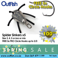 Spring Sale Spider Sinkers x5 in 3 4 5 or 6oz or mix 5 Free Circle Hooks