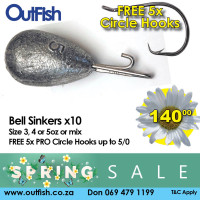 Spring Sale Bell Sinkers x10 in 3 4 5oz or mix 5 Free Circle Hooks