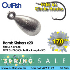 Spring Sale Bomb Sinkers x20 in 3 4 or 5oz or mix 5 Free Circle Hooks