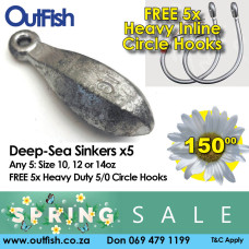 Spring Sale Deep Sea Sinkers x5 in 10 12 or 14oz 5 Free HD Circle Hooks