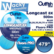 Wacky LONGCAST 8X 500m Braid Blue + 120m FLUOROPRO LEADER LINE + FREE DELIVERY