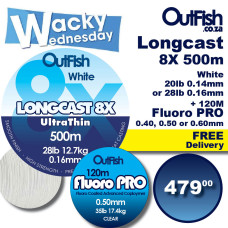 Wacky LONGCAST 8X 500m Braid White + 120m FLUOROPRO LEADER LINE + FREE DELIVERY